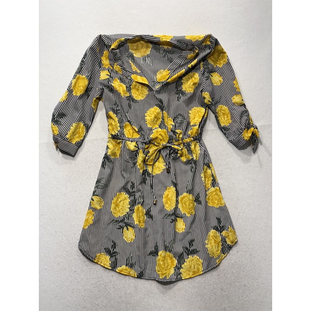 Hint of Blush Floral Stripe Shirt Dress Womens L Yellow Black Belted 3/4 Sleeve